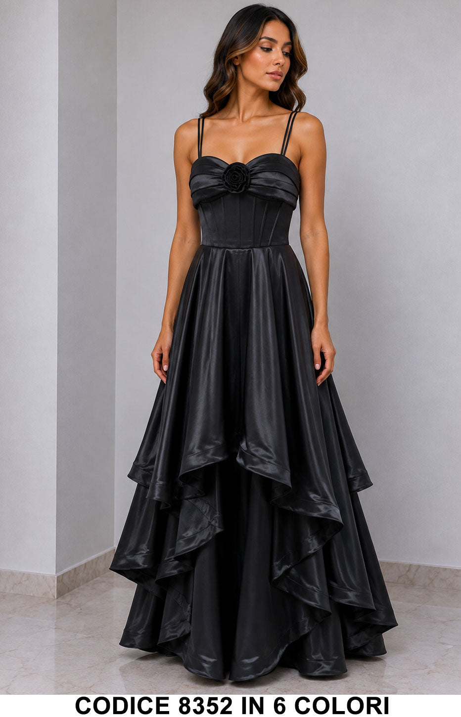 Abito Lungo da Cerimonia in Raso con Rosa e Gonna a Balze Vestito Elegante Evento in 6 Colori – 8352