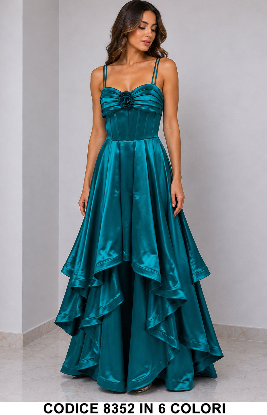 Abito Lungo da Cerimonia in Raso con Rosa e Gonna a Balze Vestito Elegante Evento in 6 Colori – 8352