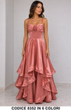 Abito Lungo da Cerimonia in Raso con Rosa e Gonna a Balze Vestito Elegante Evento in 6 Colori – 8352