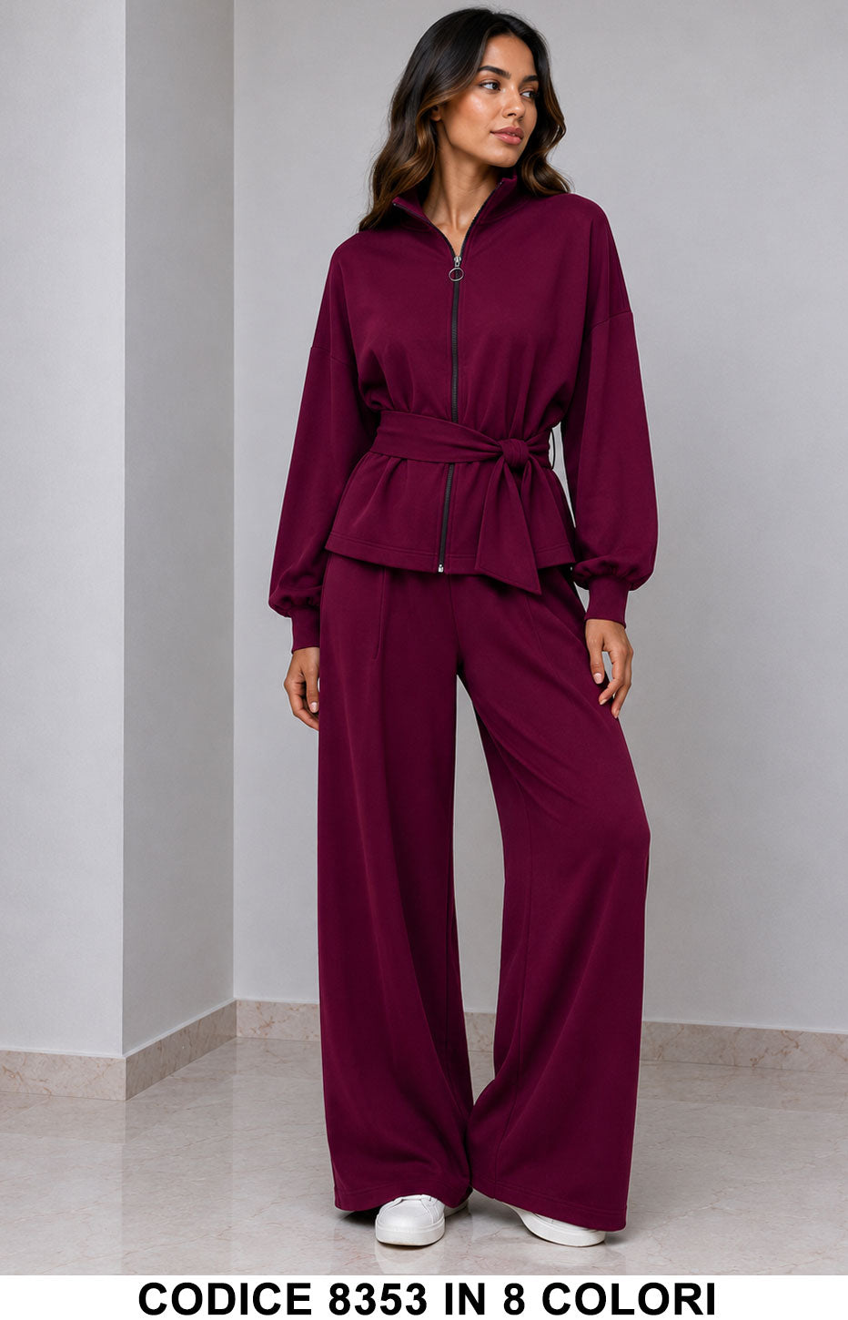 Completo Donna Comfy Chic con Giacca Zip e Pantalone Palazzo Completo in 8 Colori – 8353