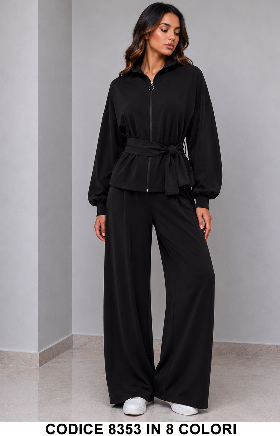 Completo Donna Comfy Chic con Giacca Zip e Pantalone Palazzo Completo in 8 Colori – 8353