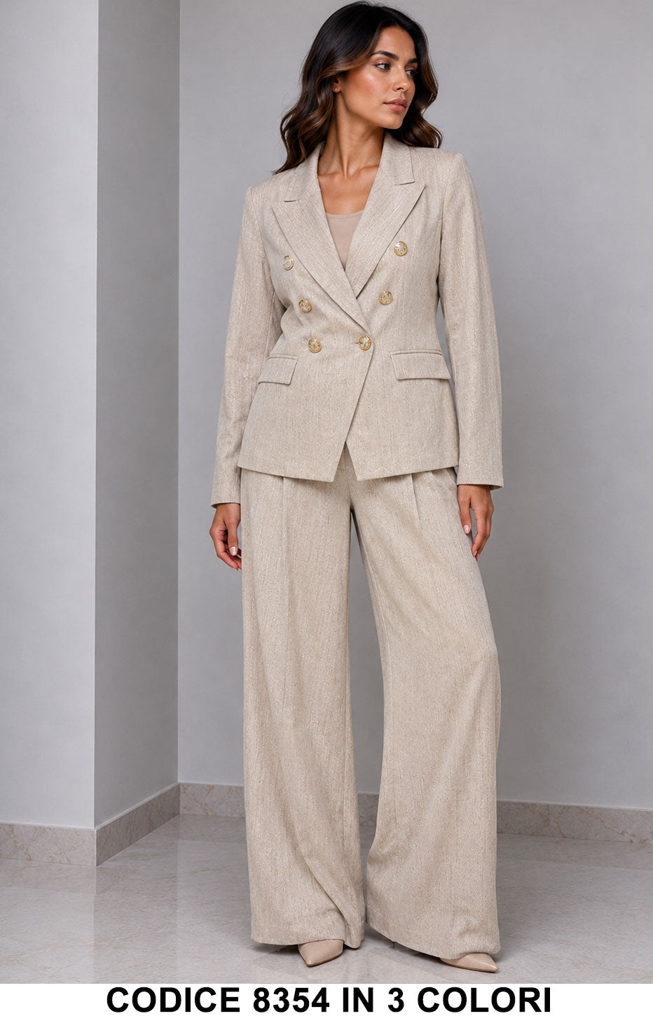 Tailleur Donna Giacca Doppiopetto Bottoni Gioiello con Pantalone Palazzo Completo in 3 Colori – 8354