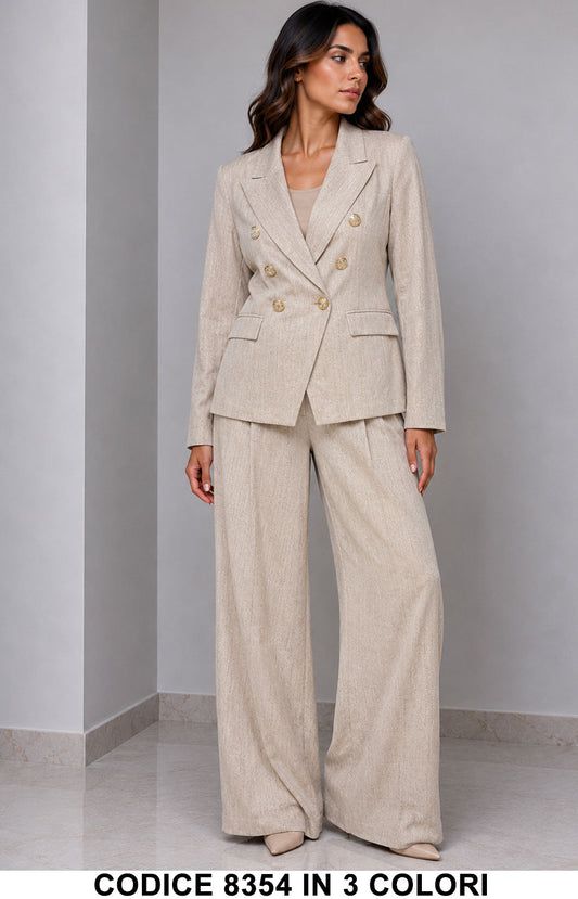 Tailleur Donna Giacca Doppiopetto Bottoni Gioiello con Pantalone Palazzo Completo in 3 Colori – 8354