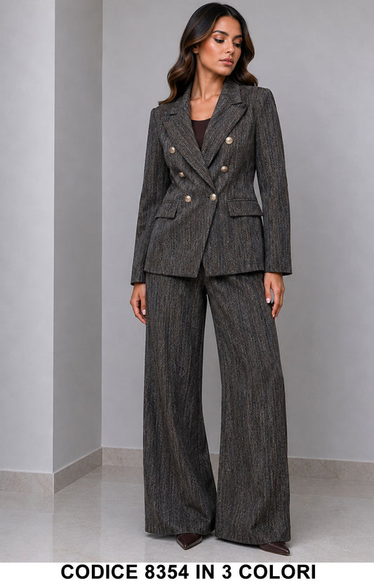 Tailleur Donna Giacca Doppiopetto Bottoni Gioiello con Pantalone Palazzo Completo in 3 Colori – 8354
