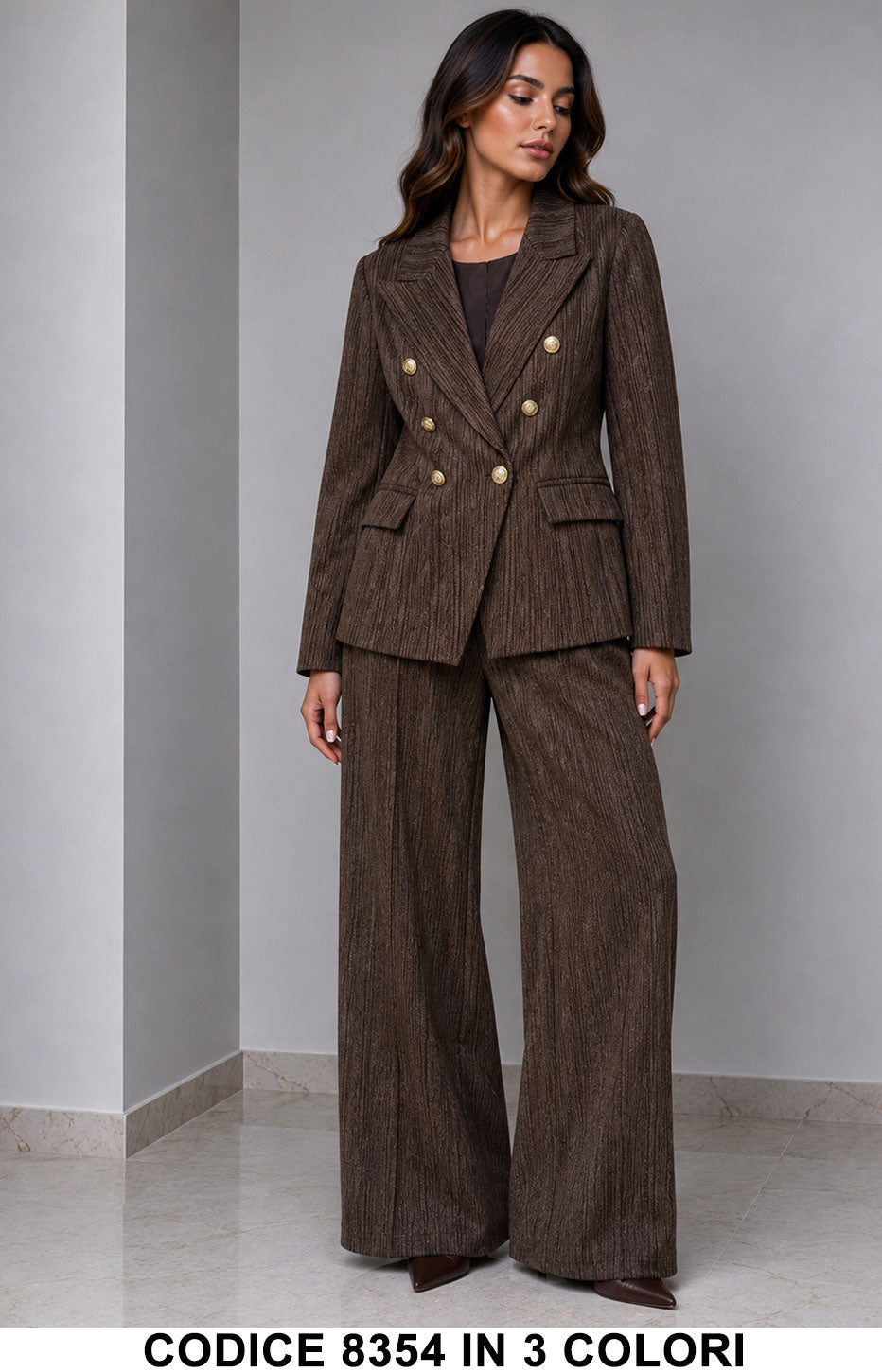 Tailleur Donna Giacca Doppiopetto Bottoni Gioiello con Pantalone Palazzo Completo in 3 Colori – 8354
