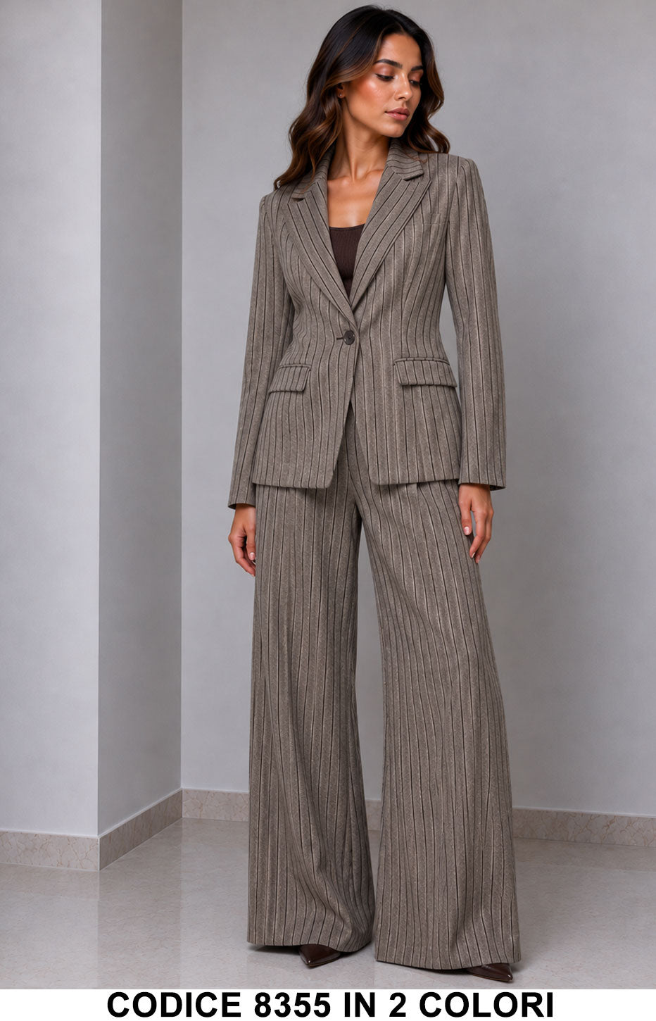 Tailleur Donna Gessato Giacca con Pantalone Palazzo Elegante Completo Ufficio Evento in 2 Colori – 8355