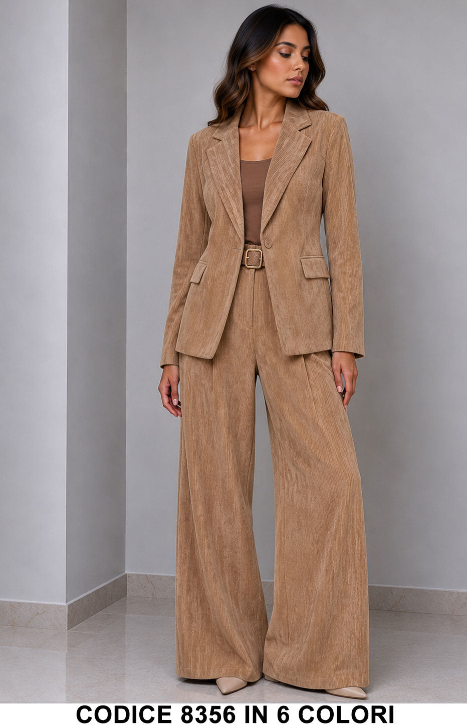 Tailleur Donna Giacca e Pantalone Palazzo con Cintura Completo Elegante in 6 Colori – 8356
