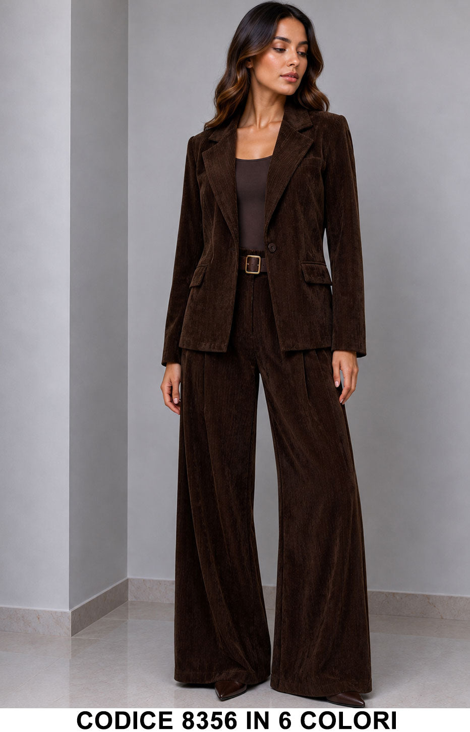 Tailleur Donna Giacca e Pantalone Palazzo con Cintura Completo Elegante in 6 Colori – 8356
