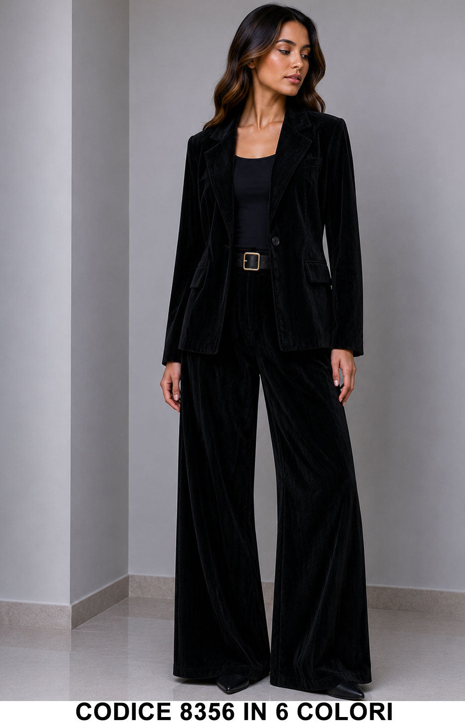 Tailleur Donna Giacca e Pantalone Palazzo con Cintura Completo Elegante in 6 Colori – 8356