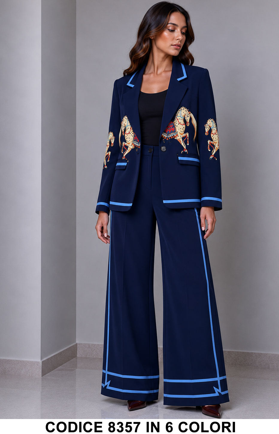Tailleur Donna con Stampa Cavalli Giacca Monopetto e Pantalone Palazzo Completo in 4 Colori – 8357
