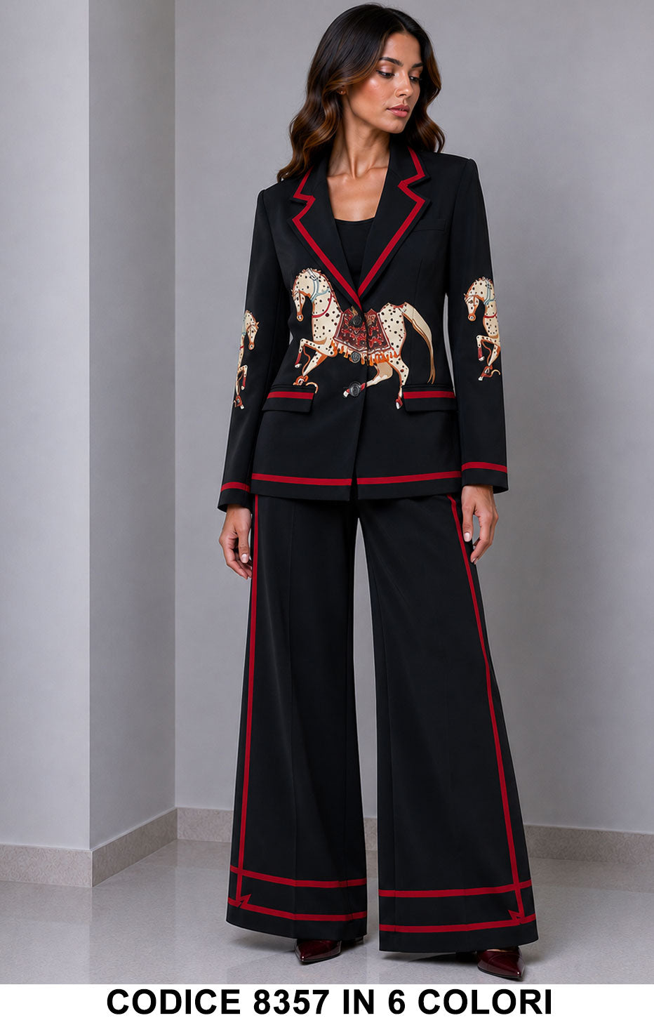Tailleur Donna con Stampa Cavalli Giacca Monopetto e Pantalone Palazzo Completo in 4 Colori – 8357