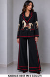 Tailleur Donna con Stampa Cavalli Giacca Monopetto e Pantalone Palazzo Completo in 4 Colori – 8357