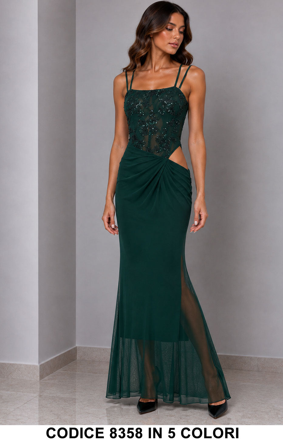 Abito Lungo Elegante con Corpetto Gioiello e Cut-Out Vestito Cerimonia Evento in 5 Colori – 8358