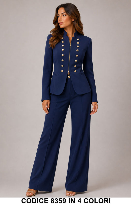 Tailleur Elegante con Giacca Coreana Bottoni Gioiello e Pantalone Palazzo Completo in 5 Colori – 8359