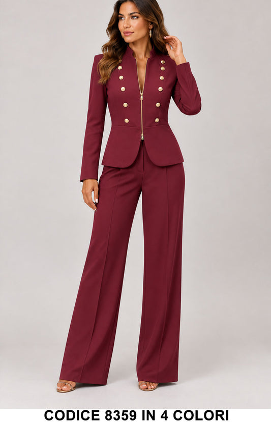 Tailleur Elegante con Giacca Coreana Bottoni Gioiello e Pantalone Palazzo Completo in 5 Colori – 8359