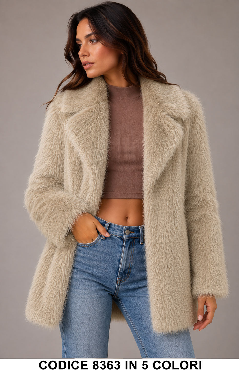 Pelliccia Ecologica Lunga pelo lungo morbido con Maxi Revers Pellicce Eleganti in 5 Colori – 8363