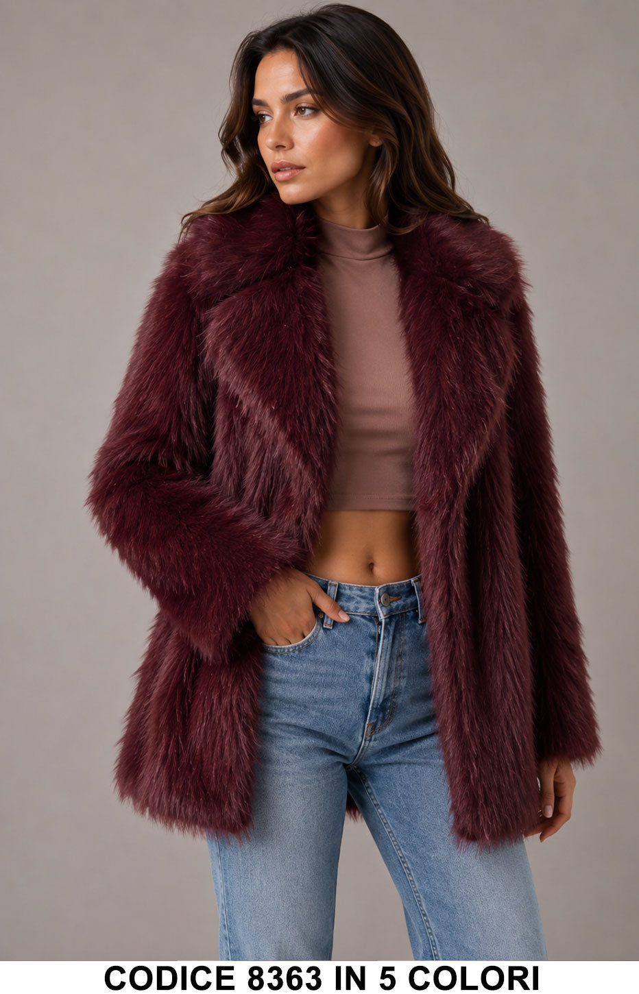 Pelliccia Ecologica Lunga pelo lungo morbido con Maxi Revers Pellicce Eleganti in 5 Colori – 8363