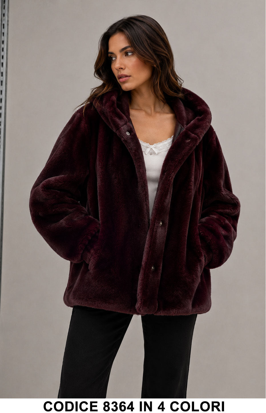 Pelliccia Ecologica con Cappuccio Oversize GIubbotto Ampio Pellicce Morbide in 4 Colori – 8364