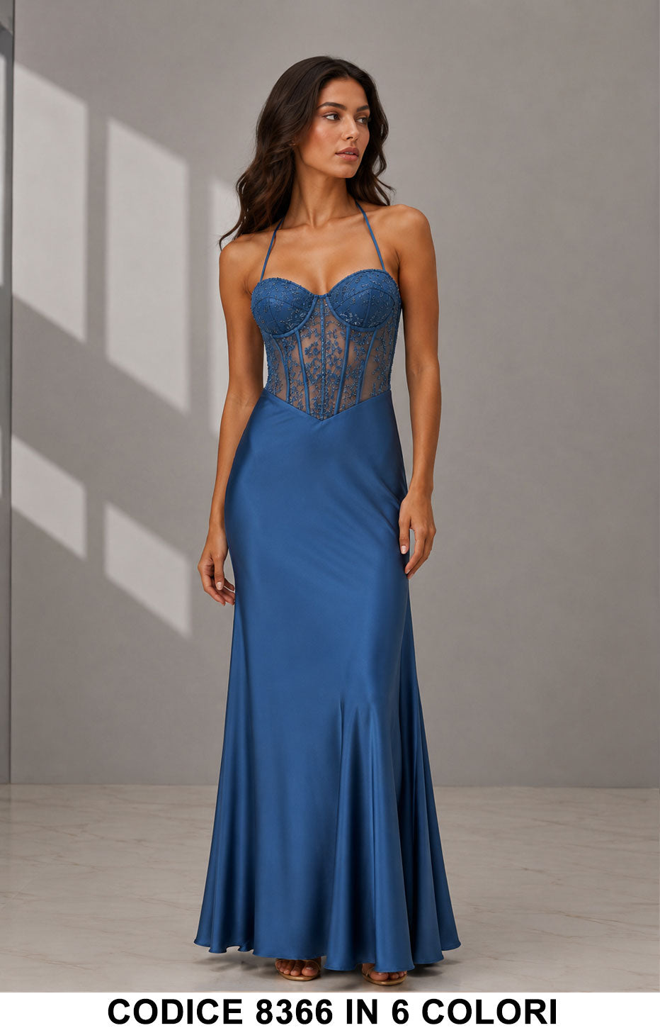 Abito Lungo Satin con Corpetto Gioiello Cerimonia Evento Vestito in 6 Colori – 8366