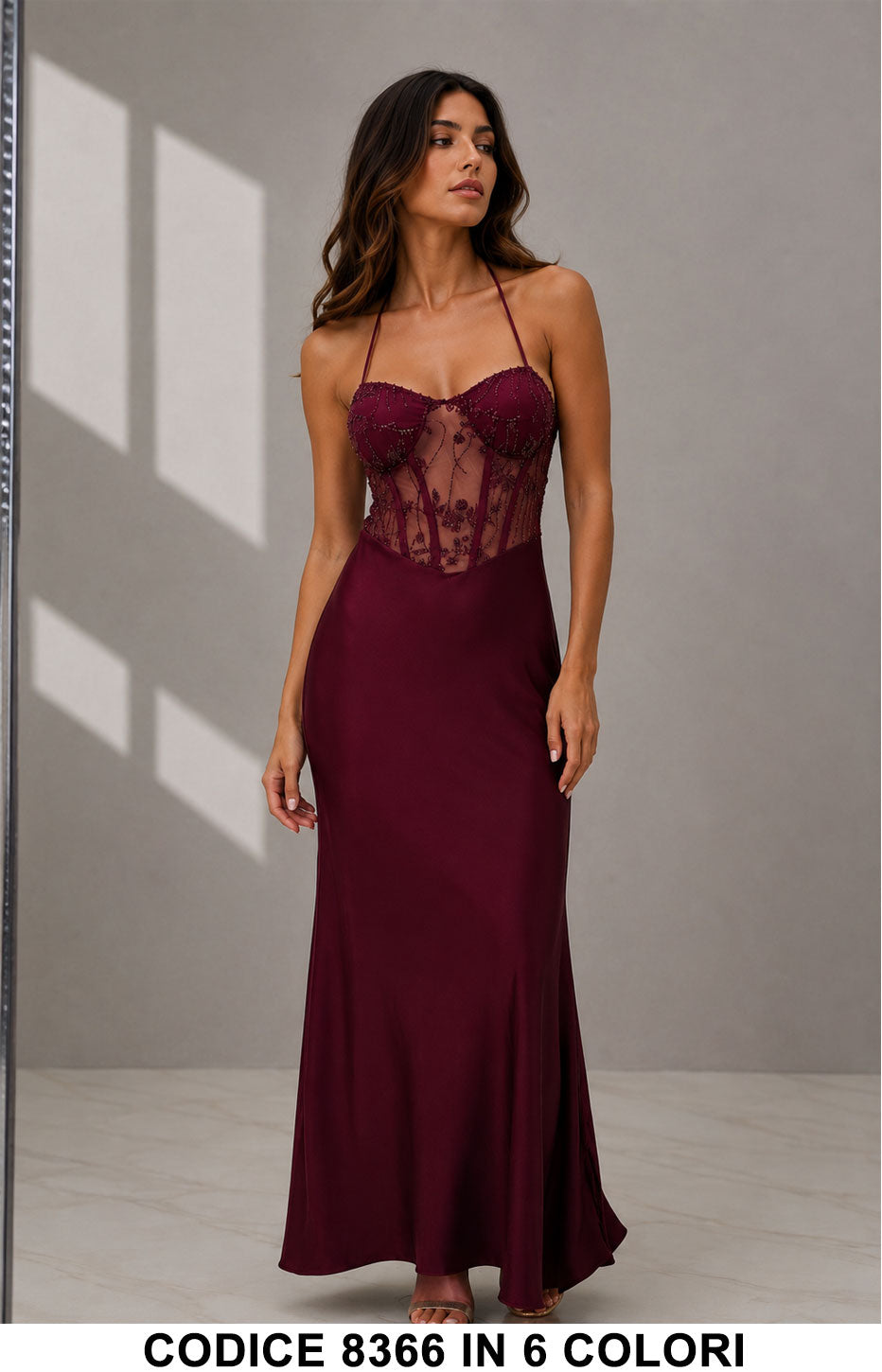 Abito Lungo Satin con Corpetto Gioiello Cerimonia Evento Vestito in 6 Colori – 8366