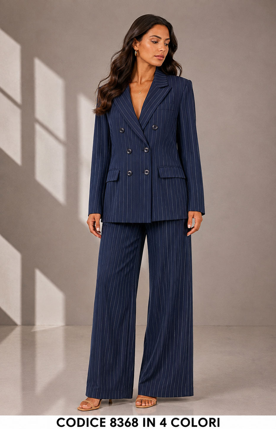 Tailleur Gessato Giacca Doppiopetto con Pantalone Palazzo Completo Elegante in 4 Colori – 8368