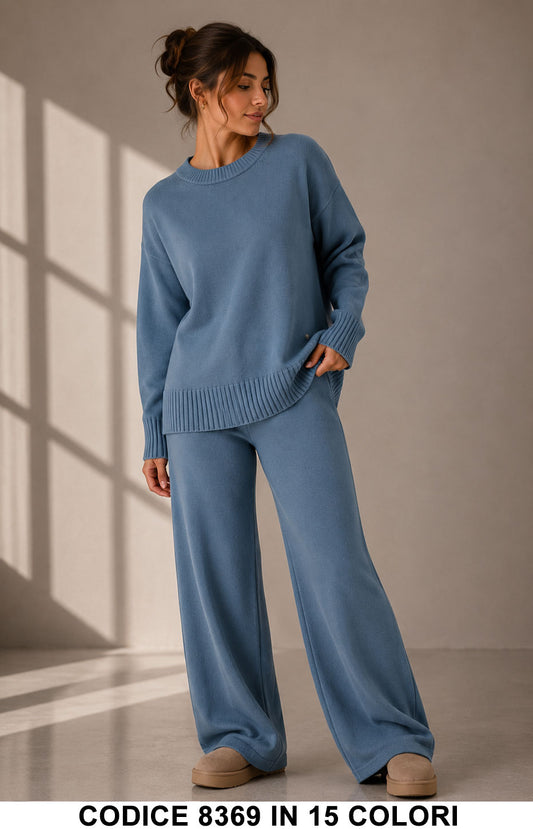 Completo in Maglia con Maglia Girocollo e Pantalone Palazzo Tuta Coordinato in 15 Colori – 8369