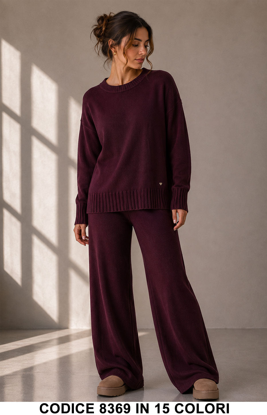 Completo in Maglia con Maglia Girocollo e Pantalone Palazzo Tuta Coordinato in 15 Colori – 8369