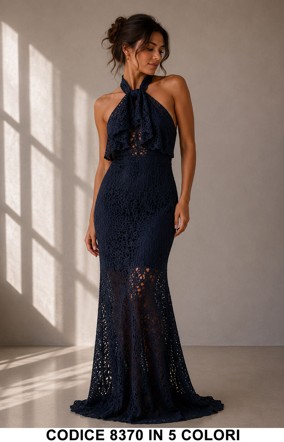 Abito Lungo Elegante Sirena in Pizzo con Fiocco al Collo Vestito Cerimonia in 5 Colori – 8370