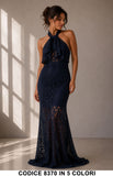 Abito Lungo Elegante Sirena in Pizzo con Fiocco al Collo Vestito Cerimonia in 5 Colori – 8370