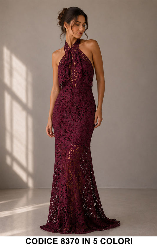 Abito Lungo Elegante Sirena in Pizzo con Fiocco al Collo Vestito Cerimonia in 5 Colori – 8370