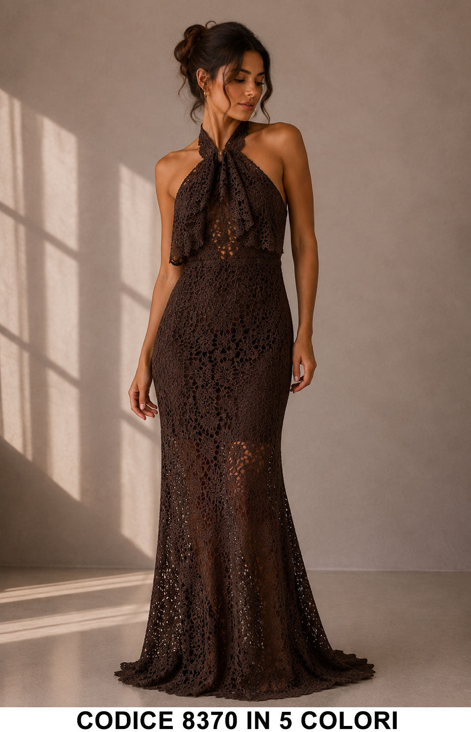 Abito Lungo Elegante Sirena in Pizzo con Fiocco al Collo Vestito Cerimonia in 5 Colori – 8370