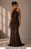 Abito Lungo Elegante Sirena in Pizzo con Fiocco al Collo Vestito Cerimonia in 5 Colori – 8370