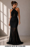 Abito Lungo Elegante Sirena in Pizzo con Fiocco al Collo Vestito Cerimonia in 5 Colori – 8370