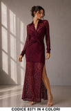 Abito Lungo in Pizzo con Nodo in Vita e Spacco Vestito Elegante Cerimonia in 4 Colori – 8371