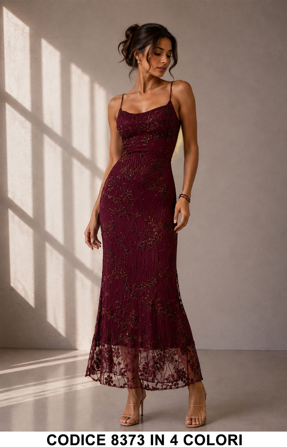 Abito Lungo Elegante in Tulle Ricamato con Glitter Vestito Cerimonia Evento in 4 Colori – 8373