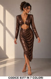 Abito Midi Laminato con Cut-Out e Drappeggio Vestito Elegante Cerimonia in 7 Colori – 8377