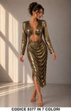 Abito Midi Laminato con Cut-Out e Drappeggio Vestito Elegante Cerimonia in 7 Colori – 8377