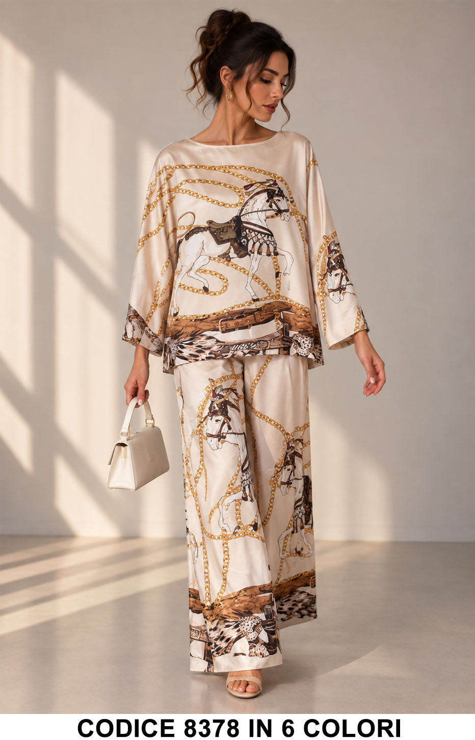 Completo Satinato Fantasia Cavalli e Catene Maglia Pantalone Elgante Coordinato in 6 Colori – 8378