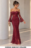 Abito Lungo a Sirena in Pizzo con Paillettes Cerimonia Evento Vestito Scollo Cuore in 5 Colori – 8380