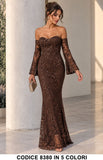 Abito Lungo a Sirena in Pizzo con Paillettes Cerimonia Evento Vestito Scollo Cuore in 5 Colori – 8380