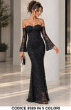 Abito Lungo a Sirena in Pizzo con Paillettes Cerimonia Evento Vestito Scollo Cuore in 5 Colori – 8380
