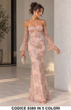 Abito Lungo a Sirena in Pizzo con Paillettes Cerimonia Evento Vestito Scollo Cuore in 5 Colori – 8380