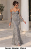 Abito Lungo a Sirena in Pizzo con Paillettes Cerimonia Evento Vestito Scollo Cuore in 5 Colori – 8380