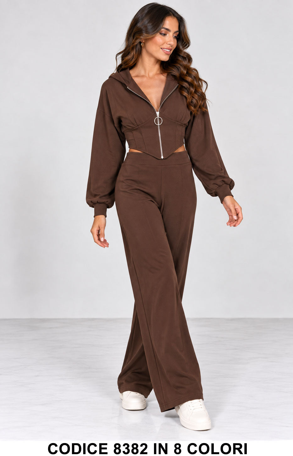 Completo Donna Pantalone Palazzo e Felpa Crop con Zip Coordinato Casual in 8 Colori – 8382