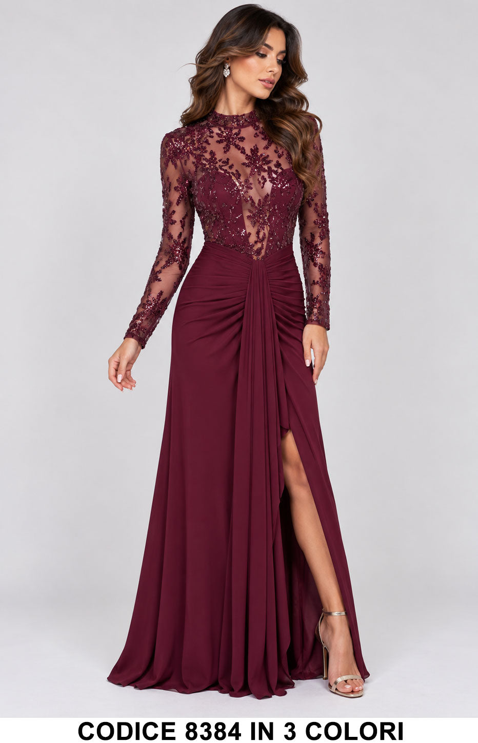 Abito Lungo Elegante con Paillettes e Spacco Cerimonia Vestito Evento con Ricami in 3 Colori – 8384