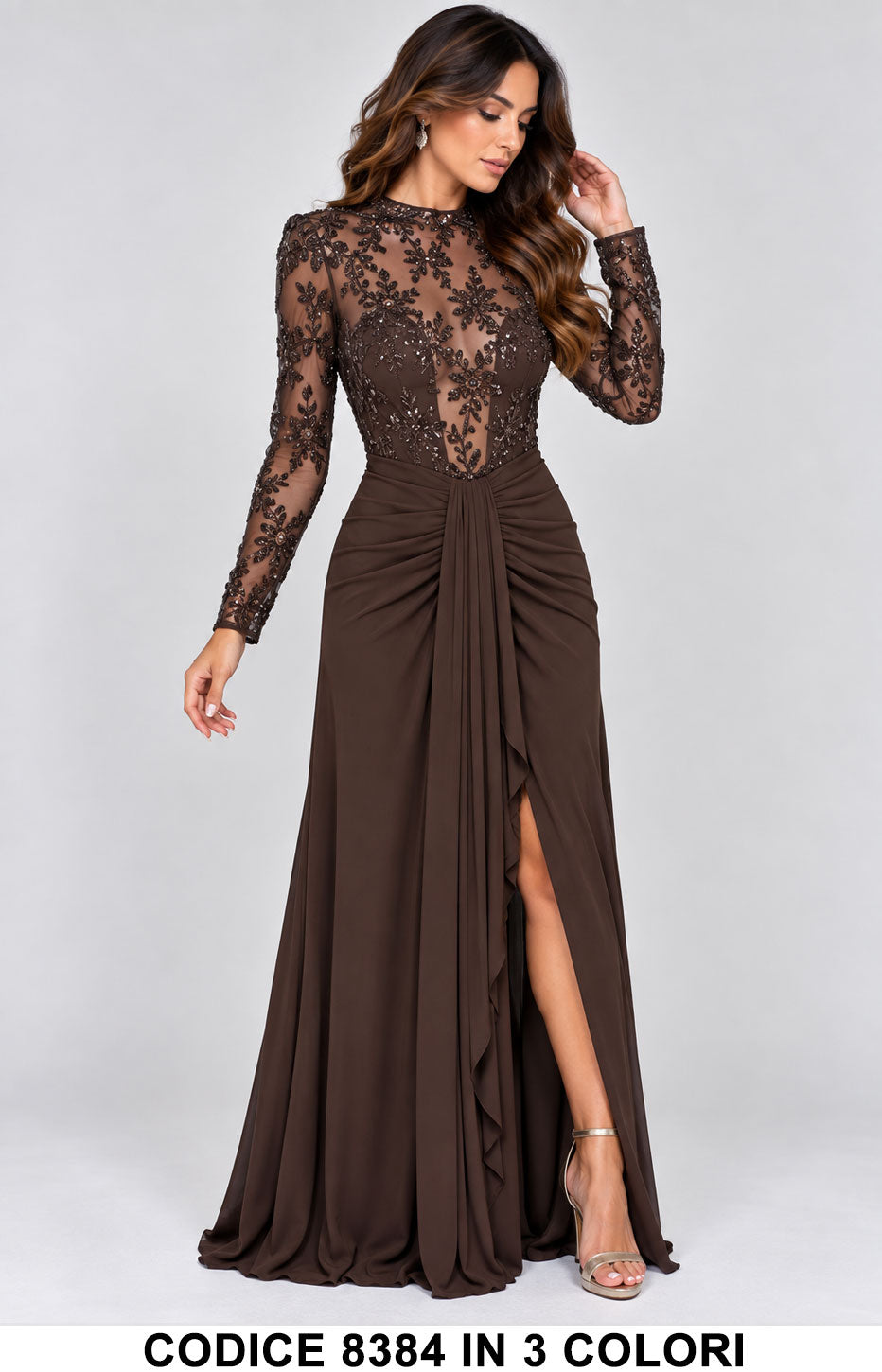 Abito Lungo Elegante con Paillettes e Spacco Cerimonia Vestito Evento con Ricami in 3 Colori – 8384