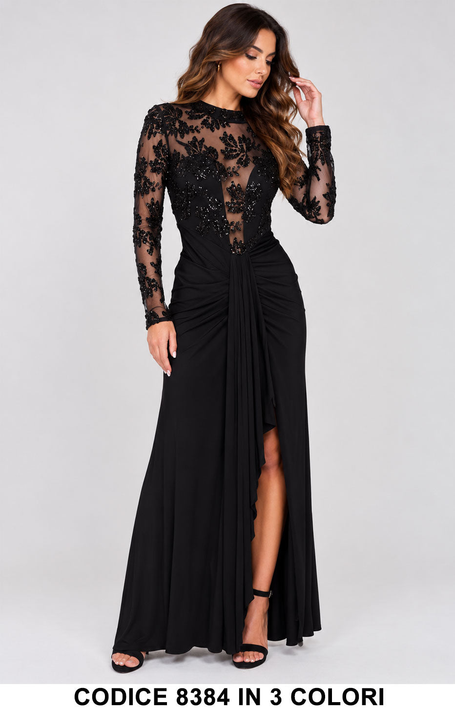 Abito Lungo Elegante con Paillettes e Spacco Cerimonia Vestito Evento con Ricami in 3 Colori – 8384