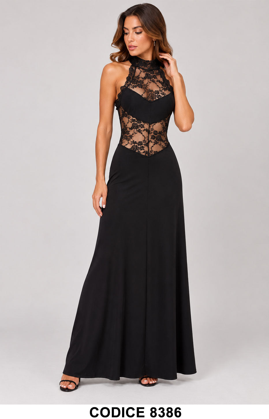 Abito Lungo Nero Elegante Donna in Pizzo con Schiena Trasparente Vestito Cerimonia Evento – 8386