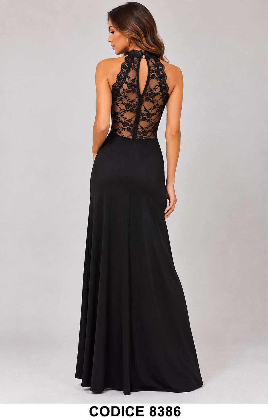 Abito Lungo Nero Elegante Donna in Pizzo con Schiena Trasparente Vestito Cerimonia Evento – 8386
