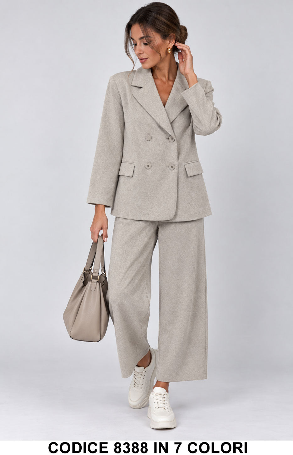 Tailleur Donna Doppiopetto con Pantalone Palazzo Cropped Completo Casual Chic in 6 Colori – 8388